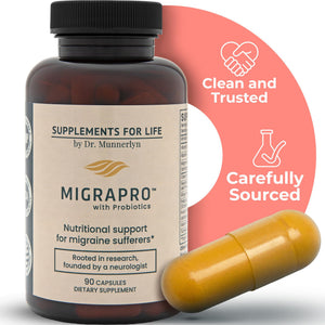 Dr. Munnerlyn MigraPro with Probiotics, Brain and Gut Health Support Supplement with Magnesium, Riboflavin, CoQ10, Ginger Root, Asian Ginseng, Vitamin C, Feverfew & Turmeric, Gluten Free, 90 Capsules Dr. Munnerlyn buy supplements Au