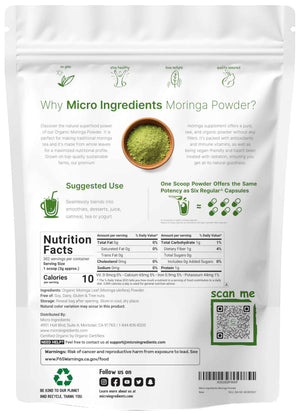 Micro Ingredients Organic Moringa Oleifera Leaf Powder, 2 Pound - Rich in Antioxidants & Immune Vitamins - Pure Leaves Without Stems