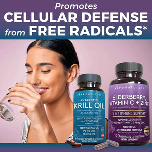 Viva Naturals Antarctic Krill Oil and Elderberry, Vitamin C, Zinc and Vitamin D3 5000 IU Bundle, 1250 mg of Krill Oil Providing Omega 3 EPA and DHA for Joint Health, Elderberry for Immune Support