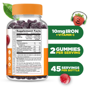 Iron Supplements for Kids - 10mg - with Vitamin C - Great Tasting Iron Gummies for Kids - Vegan Non GMO Kids Iron - for Immune Health