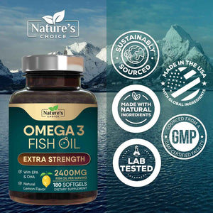 Omega 3 Fish Oil Supplements - 2400mg Fish Oil Per Serving - Triple Strength Omega-3 with Fatty Acids EPA & DHA - Natural Heart, Brain & Immune Support