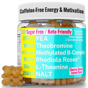 Rhodiola Rosea NALT N-Acetyl-L-Tyrosine Methylated Vitamin B Complex L-Theanine Gummies w P5P B6 5-MTHF B9 Folate Methyl B12 Methylcobalamin B3 Niacinamide, Supplement Powder Capsule Pill Supplements