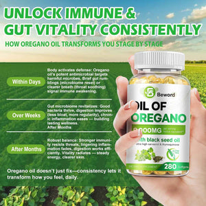 BEWORD Oil of Oregano with Black Seed Oil, 280 Softgels, 9000mg Per Serving - 2-in-1 Oregano Supplement for Immune Health with High Carvacrol & Thymoquinone - Plant-Based, Non-GMO