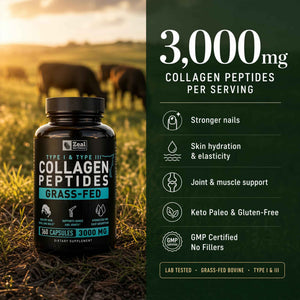 Collagen Peptides Capsules 360 Count - Grass Fed Bovine Hydrolyzed Collagen Pills - Hair, Skin & Nails, Joint Support - Collagen Supplements for Women & Men