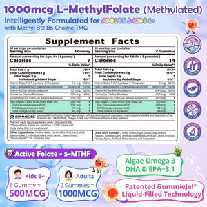 L-Methylfolate 1000 mcg + Methyl B12 Gummies for Kids & Adults - Active 5-MTHF, w/Omega-3 DHA & EPA(3:1), Choline & TMG, B6, Supports MTHFR Gene, Brain, Energy & Methylation, Sugar free, 60 Cts