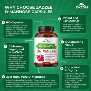 Zazzee D-Mannose, 1000 mg per Serving, 180 Vegan Capsules, 3 Month Supply, Potent & Fast-Acting, Certified Kosher, 100% Pure, All-Natural Urinary Tract Health Support, 100% Vegetarian, Non-GMO