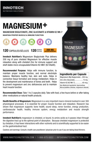 Innotech Nutrition Magnesium Plus Muscle Bone & Sleep Support Magnesium Bisglycinate Zinc & Vitamin K2 120 Vegan Capsules Innotech Nutrition Solutions buy supplements Au