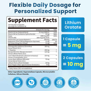 Lithium Orotate 5/10mg, L-Theanine 200mg, Ashwagandha 300mg - Mood Focus Memory Brain Supplements with Bacopa Monnieri, Lion’s Mane, Magnesium, Zinc D3 B6 Folate B12