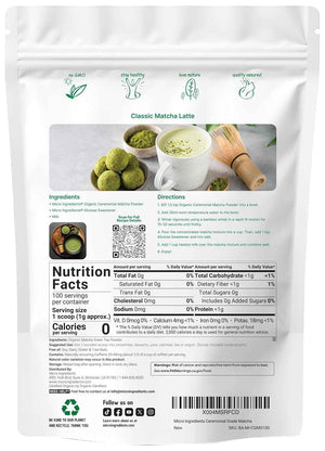 Micro Ingredients Organic Ceremonial Grade Matcha Powder, 100 Servings - Authentic Japanese First Harvest Matcha Green Tea Powder For Barista-Grade Latte, Beverage & Baking