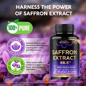 Natural Saffron Supplements - Pure Saffron Extract 88.5 mg - Mood - Focus - Vision - Energy Support - Eye Health for Women & Men - Lab Tested - NonGMO Vegan Pills - 90 Powder Capsules, 3 Month Supply