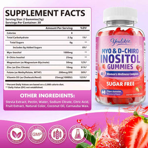 Myo-Inositol & D-Chiro Inositol Gummies for Women, Sugar-Free, 60 Count - Ideal 40:1 Ratio with Vitamin D3, Folate, Magnesium and Zinc - Support Female Health & Wellness, Strawberry Flavor