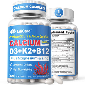 Calcium 1200 mg with Vitamin D3 K2 5000 IU Softgels Supplement for Women Men - Liposomal Calcium Citrate & Algae Calcium Magnesium Zinc + D3 K2 B12, Plant-Based Vegan Vitamin D, Boron for Bone,120ct