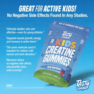 TASTY GAINS Kids & Teen Creatine Gummies with Vitamin B12 for Growth Support, Easy Chew Daily Supplement, Gummy Vitamins for Kids and Teens, Ages 5+