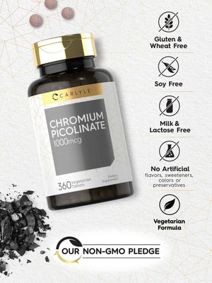 Carlyle Ultra Chromium Picolinate 1000mcg - 360 Tablets - Vegetarian, Non-GMO, Gluten Free