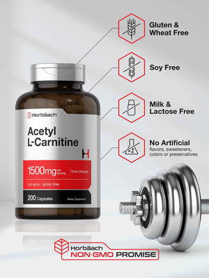 Horbäach Acetyl L-Carnitine 1500mg | 200 Capsules | Extra Strength Supplement | Non-GMO & Gluten Free