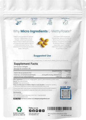 Micro Ingredients L Methylfolate 15mg, 240 Softgels - Active 5-MTHF with B6 & Methyl B12 - Methylated Vitamin B9 with Coconut Oil