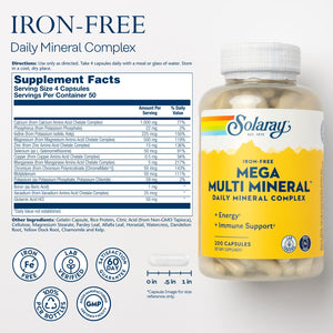 SOLARAY Mega Multi Mineral, Iron Free - Daily Mineral Supplement w/Trace Minerals, Electrolytes, Calcium, Magnesium, Zinc, Selenium, Boron -Cellular Energy, Immune Support, 60-Day Guarantee, 50 Serv SOLARAYBuy Supplements Australia