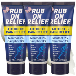 RUB ON RELIEF Arthritis Pain Relief Cream - 10-in-1 Non-Greasy Joints Pain Cream for Knees, Back, Neck, Hands, & Muscle Aches with Menthol, Camphor, Arnica, MSM & Turmeric Up to 8 Hours, 3oz (3 Pack)