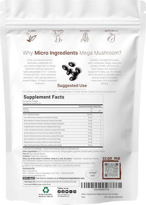 Micro Ingredients 10‑in‑1 Mega Mushroom Complex Supplement - Lions Mane, Cordyceps, Reishi, Chaga & More - 240 Softgels with MCT Oil - 4 Month Supply - Adaptogenic Functional Mushroom Blend