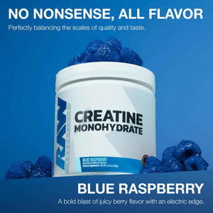 RAW Nutrition Creatine Monohydrate Powder, Blue Raspberry (30 Servings) - Micronized Creatine Monohydrate Supplement for Workout Performance, Build Muscle & Strength