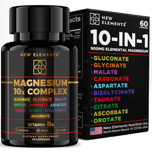 Magnesium 10X Complex - 900mg Elemental Magnesium - Glycinate, Gluconate, Malate, Orotate, Carbonate, Asparate, Taurate, Citrate, Bisglycinate, Ascorbate + Vitamin B6 for Superior Absorption