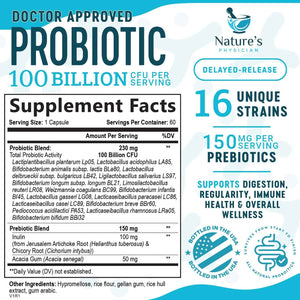 Nature's Physician Probiotics - 100 Billion CFU Per Capsule - 16 Strains + Prebiotics - Best Probiotic Supplement for Women & Men - Supports Immune