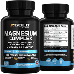 X Gold Health Magnesium Complex 5-in-1 with Zinc & B6 High Absorption Capsules (Glycinate, Citrate, Malate, Taurate, Oxide) Muscle Recovery, Energy, Sleep Support & Immune Health 500mg Made in USA