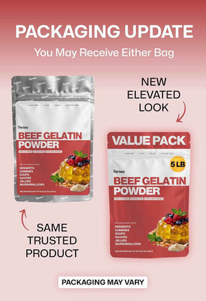 Fernes Bulk Beef Gelatin Powder (5 LB) Unflavored - Grass-Fed & Pasture-Raised, 225 Bloom Thickening Agent for Gummies, Marshmallows, Desserts & Baking - Keto, Paleo, Non-GMO, Kosher, Gluten-Free