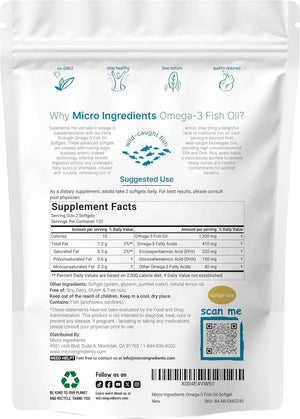 Micro Ingredients Extra Strength Omega 3 Fish Oil Supplements 1,200mg Per Serving, 240 Softgels - Lemon Flavored - Burpless - Essential Fatty Acids - EPA 220mg + DHA 150mg - Deep Sea Fish