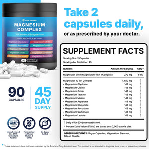 Vita Guard Magnesium Complex 1480mg - 10-in-1 with Glycinate, Citrate, Malate & More - High Absorption - Sleep, Muscle, Nerve & Heart Support - 90 Vegan Capsules - Non-GMO, Gluten-Free, No Sugar