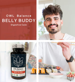 Belly Buddy Advanced Gut Health Support containing a helthy Blend of Probiotics, Prebiotics, and Digestive Enzymes OWL Balance buy supplements Au