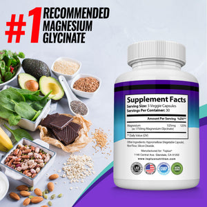 Magnesium Glycinate 525mg - High Absorption Chelated Magnesium Supplement Made with Pure Magnesium Glycinate - Supports Muscles, Sleep, Cramps, Recovery Bisglycinate Complex Vegan Non-GMO 90 Capsules Toplux buy supplements Au