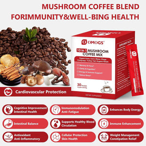 OMOGS Mushroom Coffee, 10 in 1 Extract Powder Blend Lion's Mane, Reishi, Cordyceps, Chaga, Turkey Tail, Instant Coffee-for Energy, Focus, Memory, Digestion & Immunity, 30 Serving