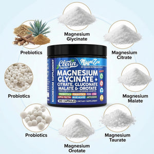 Clean Nutra Magnesium Glycinate Citrate Malate Orotate Taurate Supplement Complex + 10 Strain Probiotic Prebiotics FOS GOS Inulin Sleep Calm Support Apple Pectin – 120 Vegan Capsules Clean Nutraceuticals buy supplements Au