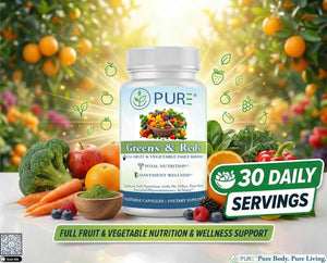 PURE Greens & Reds Capsules - 30 Servings - 9 Daily Servings of Fruits & Vegetables in 1 Capsule - PhytoServ Superfood Blend with Broccoli, Kale & Berries - Plant-Based Phytonutrient Shield