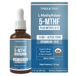 L Methyl Folate 15mg Plus Methyl B12 Cofactor - Organic Berry Flavor, High Potency Liquid Sublingual Active 5-MTHF Form - Supports Mood, Methylation