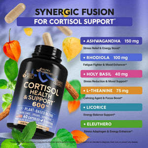 Cortisol Supplement for Women - Holy Basil - Ashwagandha - Rhodiola - L-Theanine - Plant-Based Hormone Balance - Mood, Focus & Sleep Support - Made in USA