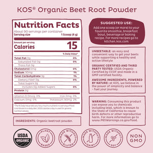 KOS Organic Beet Root Powder, USDA Organic - Natural Nitric Oxide Booster, Superfood Plant Based Beetroot Antioxidant, Supports Active Lifestyle & Healthy Circulation, Soy & Gluten-Free - 90 Servings KOS buy supplements Au