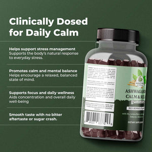 Ashwagandha Calm & Relax Gummies with Vitamin B6, Lemon Balm, GABA & L-Glutamine - 60 Gummies - Red Berries Flavor - Improve Sleep, Stress Relief & Mood - Vegan, Gluten-Free, Non-GMO