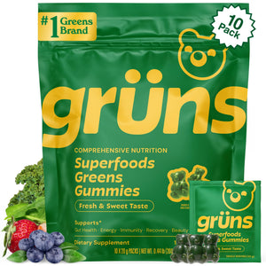 Green package of gröns Superfoods Greens Gummies with text and graphics on a white background