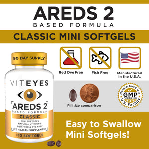 Viteyes AREDS 2 Classic Macular Health Formula Softgels, Eye Health Vitamin to Support Macular Health, Lower Zinc, Eye Vitamins, Macular Vitamins, Beta-Carotene Free, 180 Softgels ViteyesBuy Supplements Australia