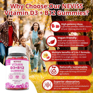 NEVISS 2Pack Vegan Vitamin D3 + Vitamin B12 Gummies, High Potency D3 5000IU & 1000 mcg Methylated B12, Vitamin D3 and B12 for Adults, Support Bone Health, Immune & Energy Supplement, 120 Count
