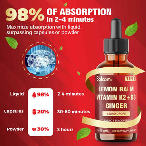 Satoomi 7in1 Lemon Balm Tincture with Vitamin D3, Vitamin K2, Ginger Root, Turmeric, Ceylon Cinnamon and Black Pepper - 1 FL Oz - 60 Day Supply