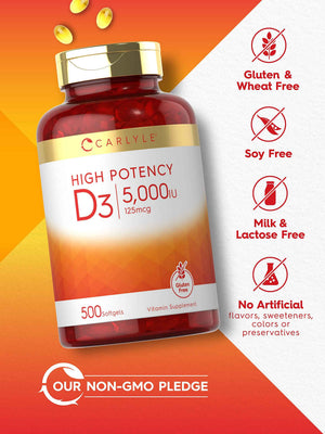 Carlyle Vitamin D3 5000 IU Softgels - 500 Count - Value Size - Non-GMO and Gluten Free Supplement - High Potency Formula - 125mcg