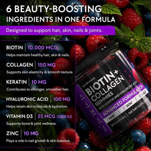 YOLOBALANCE Biotin Gummies 10000mcg for Hair Growth Support - Sugar Free Multi Collagen with Keratin, Silica & Hyaluronic Acid - Pectin Based
