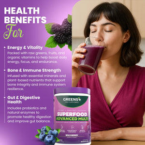 Greens+ Advanced Multi Wild Berry Superfood Powder, Organic Blend, Vegan, Non-GMO, Soy-Free, Dairy-Free, Gluten-Free, Dietary Supplement with Vitamins & Minerals, 9.4 oz Greens+ย buy supplements Au