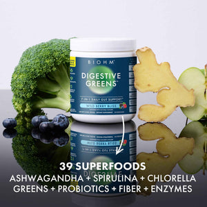 BIOHM Digestive Greens, Green Superfood Powder (7.4 Oz, 30 Servings) Immune & Gut Health Support with Antioxidants, Vitamins, Probiotics & Enzymes, Good Source of Fiber, Berry Flavor BIOHMBuy Supplements Australia
