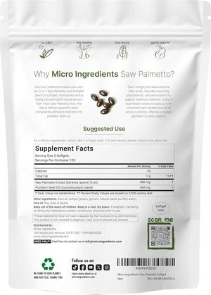 Micro Ingredients Saw Palmetto with Pumpkin Seed Oil for Men, 240 Softgels - Cold-Pressed Extract - Virgin Oil Formula - Rich in Essential Fatty Acids & Phytosterols - Non-GMO, Gluten & Soy Free