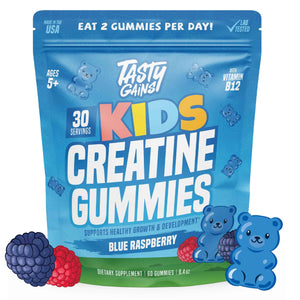 TASTY GAINS Kids & Teen Creatine Gummies with Vitamin B12 for Growth Support, Easy Chew Daily Supplement, Gummy Vitamins for Kids and Teens, Ages 5+