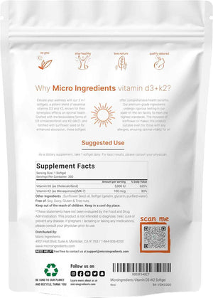 Micro Ingredients Vitamin D3 5,000iu + K2 100mcg Softgels & Pure Triple Magnesium Complex 400mg Capsules - 2 Pack Bundle - Essential D & K Sunshine Vitamins - Glycinate, Malate, & Taurate Forms